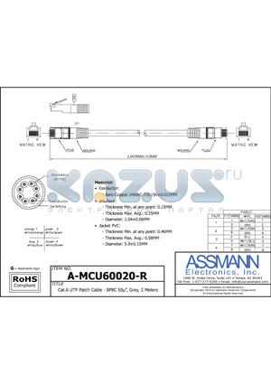 A-MCU60020-R datasheet - Cat.6 UTP Patch Cable
