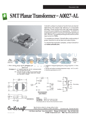 A0027-AL datasheet - SMT Planar Transformer