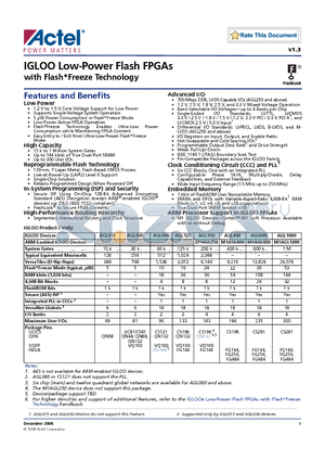 AGL030V2-UCG144 datasheet - IGLOO Low-Power Flash FPGAs with Flash Freeze Technology