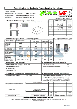 74479775222 datasheet - SMD-power inductance WE-PMI