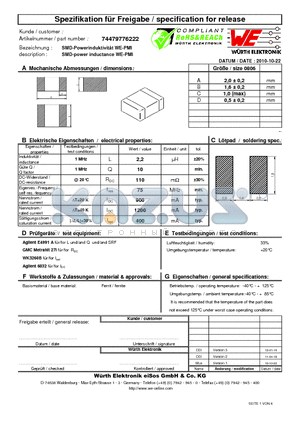 74479776222 datasheet - SMD-power inductance WE-PMI