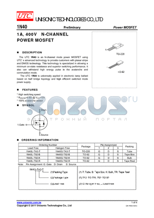 1N40G-T92-R datasheet - 1A, 400V N-CHANNEL POWER MOSFET