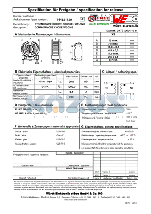 744821120 datasheet - COMMON MODE CHOKE WE-CMB