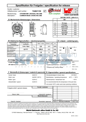 744821150 datasheet - COMMON MODE CHOKE WE-CMB