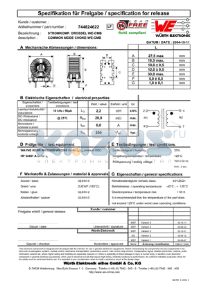 744824622 datasheet - COMMON MODE CHOKE WE-CMB