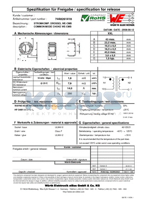 7448261418 datasheet - COMMON MODE CHOKE WE-CMB