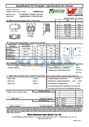 7448262510 datasheet - COMMON MODE CHOKE WE-CMB