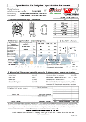 744841247 datasheet - COMMON MODE CHOKE WE-CMB NiZn