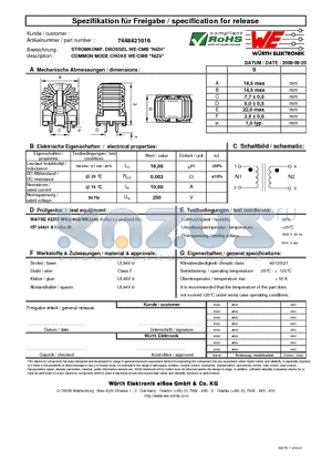 7448421016 datasheet - COMMON MODE CHOKE WE-CMB 