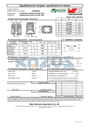 744842932 datasheet - COMMON MODE CHOKE WE-CMB 