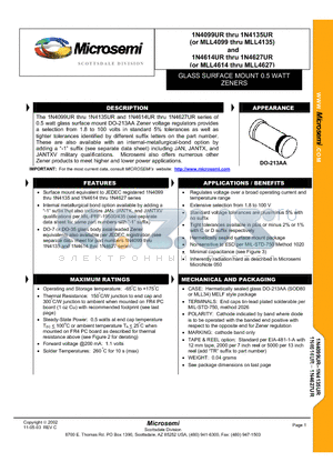 1N4100DUR-1 datasheet - GLASS SURFACE MOUNT 0.5 WATT ZENERS