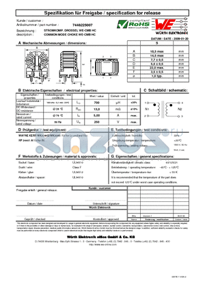 7448225007 datasheet - COMMON MODE CHOKE WE-CMB HC