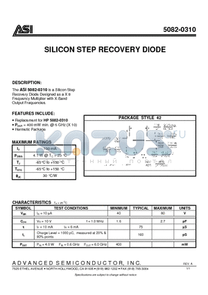 5082-0310 datasheet - SILICON STEP RECOVERY DIODE
