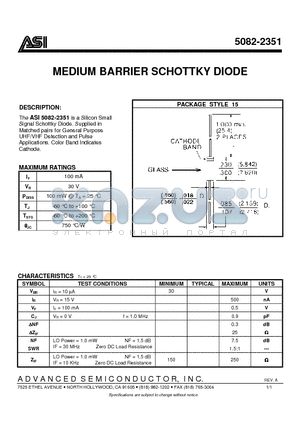 5082-2351 datasheet - MEDIUM BARRIER SCHOTTKY DIODE
