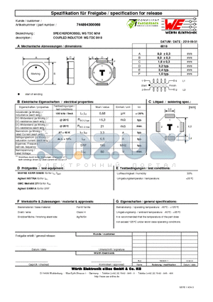 744894300068 datasheet - COUPLED INDUCTOR WE-TDC 8018