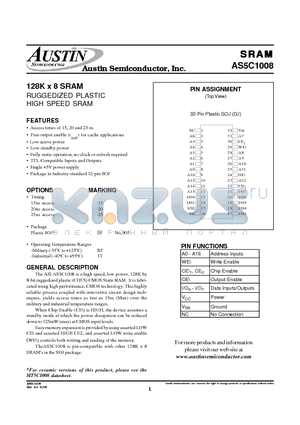 AS5C1008DJ-20/IT datasheet - 128K x 8 SRAM RUGGEDIZED PLASTIC HIGH SPEED SRAM