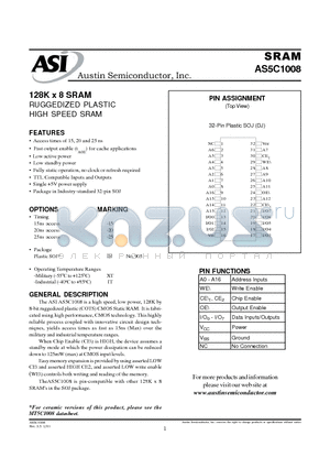 AS5C1008DJ-25/XT datasheet - 128K x 8 SRAM RUGGEDIZED PLASTIC HIGH SPEED SRAM