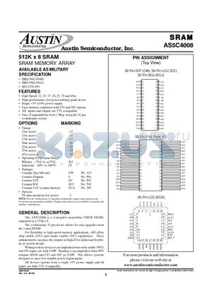 AS5C4008CW-15L datasheet - 512K x 8 SRAM SRAM MEMORY ARRAY