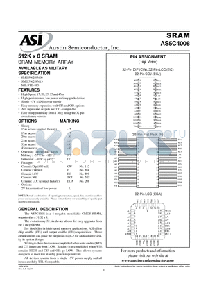 AS5C4008CW-25L/883C datasheet - 512K x 8 SRAM SRAM MEMORY ARRAY