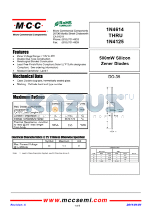 1N4116 datasheet - 500mW Silicon Zener Diodes