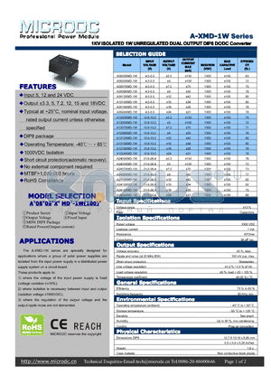 A0503XMD-1W datasheet - 1KV ISOLATED 1WUNREGULATEDDUALOUTPUTDIP8 DCDC Converter