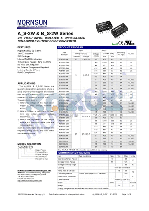 A0505S-2W datasheet - DUAL/SINGLE OUTPUT DC-DC CONVERTER