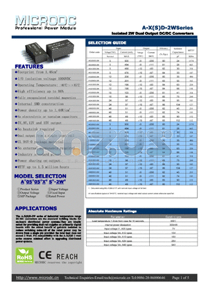 A0505XD-2W datasheet - Isolated 2W Dual Output DC/DC Converters