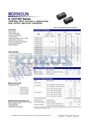 A0505XT-W2 datasheet - DUAL OUTPUT, SMD DC-DC CONVERTER