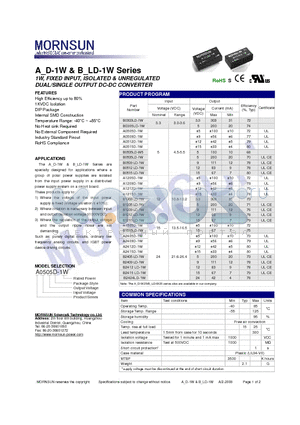 A0509D-1W datasheet - DUAL/SINGLE OUTPUT DC-DC CONVERTER