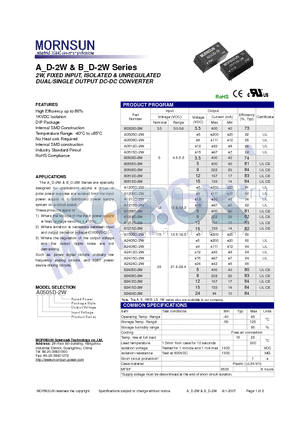 A0509D-2W datasheet - DUAL/SINGLE OUTPUT DC-DC CONVERTER