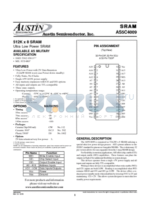 AS5C4009CW-120L/H datasheet - 512K x 8 SRAM Ultra Low Power SRAM