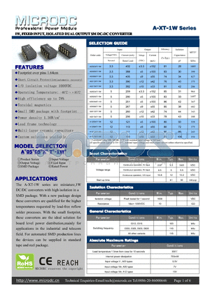 A0512XT-1W datasheet - 1W, FIXEDINPUT, ISOLATED DUALOUTPUTSMDC-DCCONVERTER