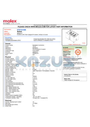 74712-1006 datasheet - 6.25mm (.246) Pitch Ganged RF Header, Vertical, 6 Circuits