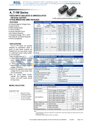 A0515T-1W datasheet - FIXED INPUT ISOLATED & UNREGULATED 1W DUAL OUTPUT UTRALMINIATURE SMD PACKAGE