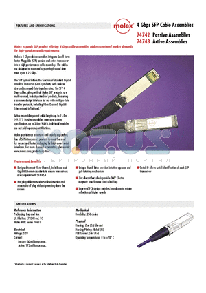 74743-0005 datasheet - 4 Gbps SFP Cable Assemblies