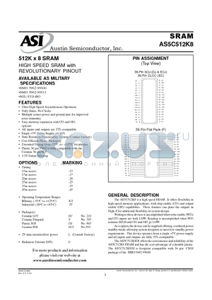 AS5C512K8DJ datasheet - 512K x 8 SRAM HIGH SPEED SRAM with REVOLUTIONARY PINOUT