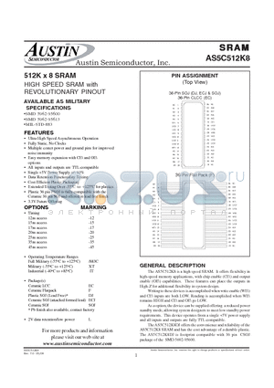AS5C512K8DJ-25L/XT datasheet - 512K x 8 SRAM HIGH SPEED SRAM with REVOLUTIONARY PINOUT