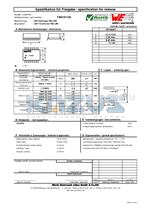 7490101120 datasheet - LAN-Transformer WE-LAN