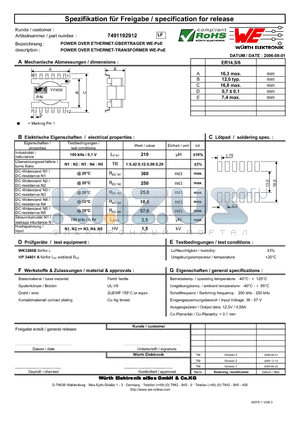 7491192912 datasheet - POWER OVER ETHERNET-TRANSFORMER WE-PoE