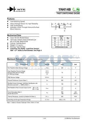 1N4148 datasheet - FAST SWITCHING DIODE