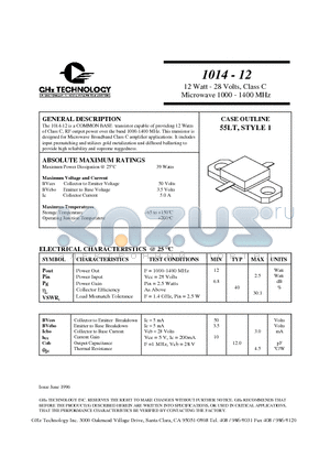 1014-12 datasheet - 12 Watt - 28 Volts, Class C Microwave 1000 - 1400 MHz