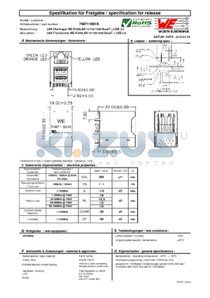 7497110616 datasheet - LAN-Transformer WE-RJ45LAN 10/100/1000 BaseT  USB 3.0