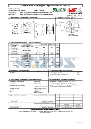 7497111611A datasheet - LAN-Transformer WE-RJ45LAN 10/100/1000 BaseT  USB