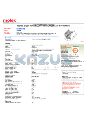 74979-0902 datasheet - 2.00mm (.079) Pitch 6-Row VHDM-HSD Backplane Header, Open Module, 36 Circuits, Gold (Au) Selective 0.76lm (30l), Pin Length 6.25mm (.246)