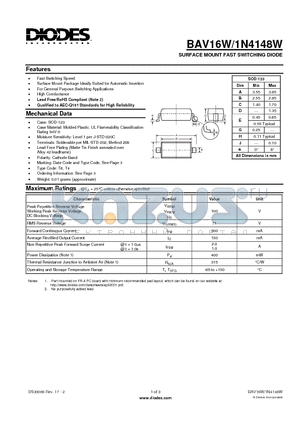 1N4148W-7-F datasheet - SURFACE MOUNT FAST SWITCHING DIODE