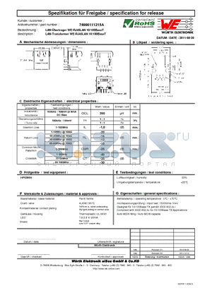 74990111215A datasheet - LAN-Transformer WE-RJ45LAN 10/100BaseT