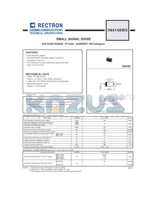 1N4148WS datasheet - SMALL SIGNAL DIODE VOLTAGE RANGE 75 Volts CURRENT 150 mAmpere
