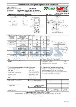 7499110124 datasheet - LAN-Transformer WE-RJ45LAN 10/100/1000 BaseT