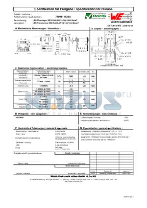 7499111121A datasheet - LAN-Transformer WE-RJ45LAN 10/100/1000 BaseT