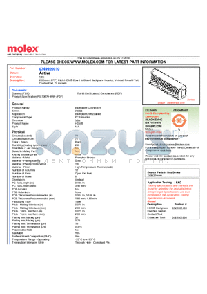 74992-0010 datasheet - 2.00mm (.079) Pitch HDM^ Board-to-Board Backplane Header, Vertical, Pressfit Tail, Double End, 72 Circuits